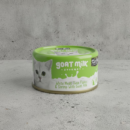 Wet cat food cup, green label with cat face and tuna flakes & shrimp text