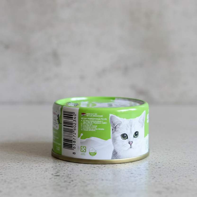 Wet cat food cup, green back label with barcode and cat nutrition text