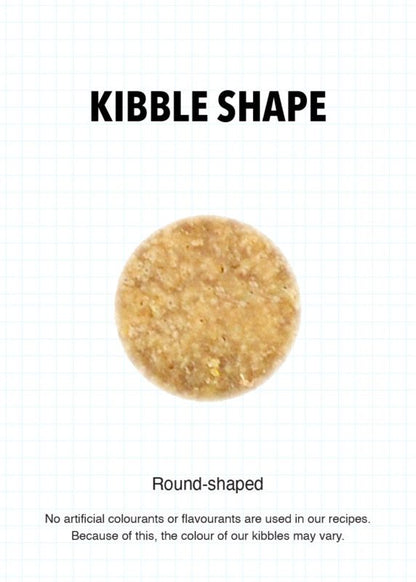Round grain-free cat food kibble, small beige pellets