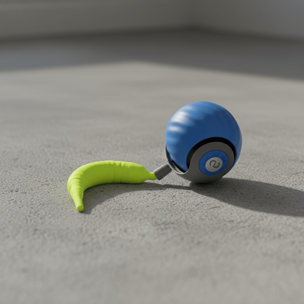 Blue rechargeable cat toy ball with attached neon green tail on carpet.
