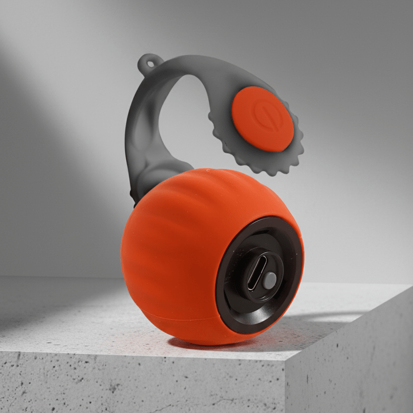 Orange cat toy ball with attached tail and circular speaker-style end, gray trim.