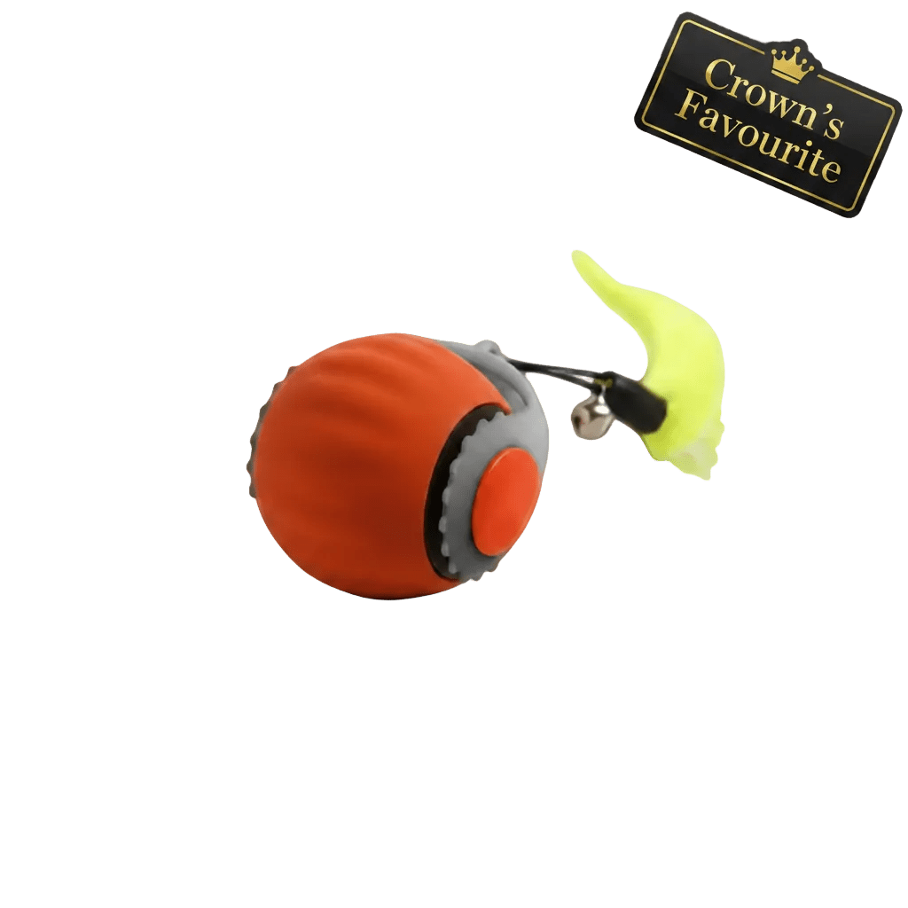 Orange cat toy ball with green tail attachment and small wand-like pointer.