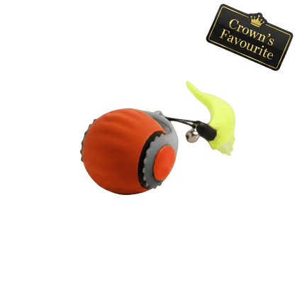 Orange cat toy ball with green tail attachment and small wand-like pointer.