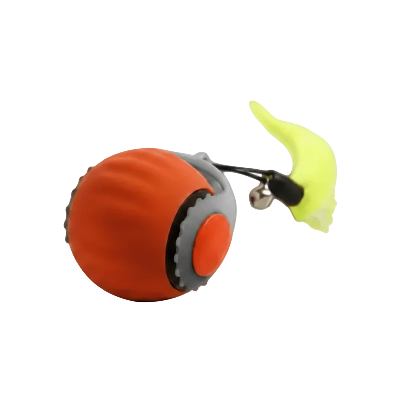 Orange cat toy ball with green tail attachment and small wand-like pointer.