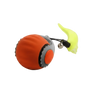 Orange cat toy ball with green tail attachment and small wand-like pointer.