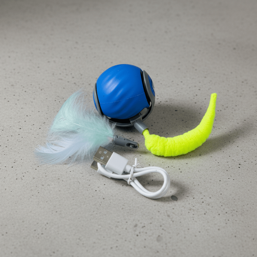 Blue interactive cat toy ball with green tail, white charging cable and feather.