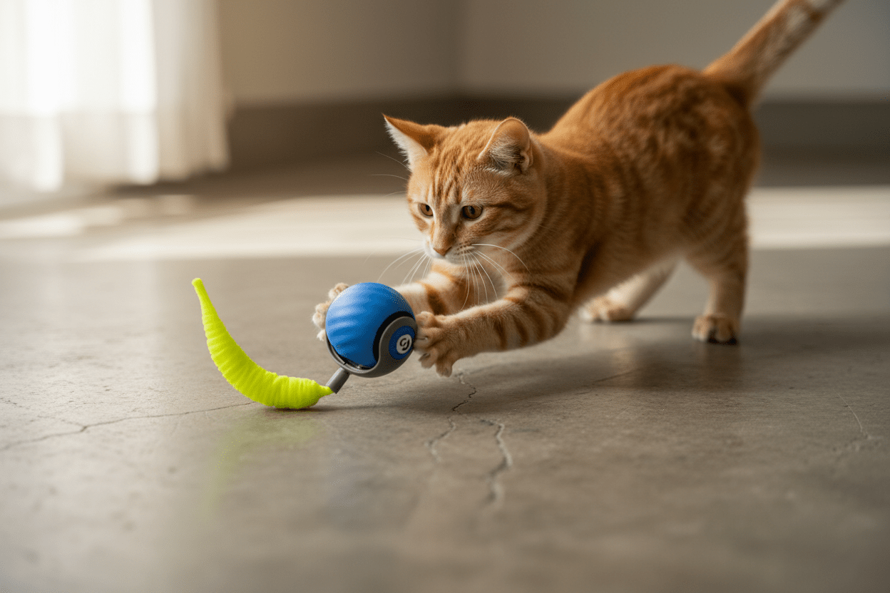 Brown tabby cat nudging orange interactive toy ball with green tail.