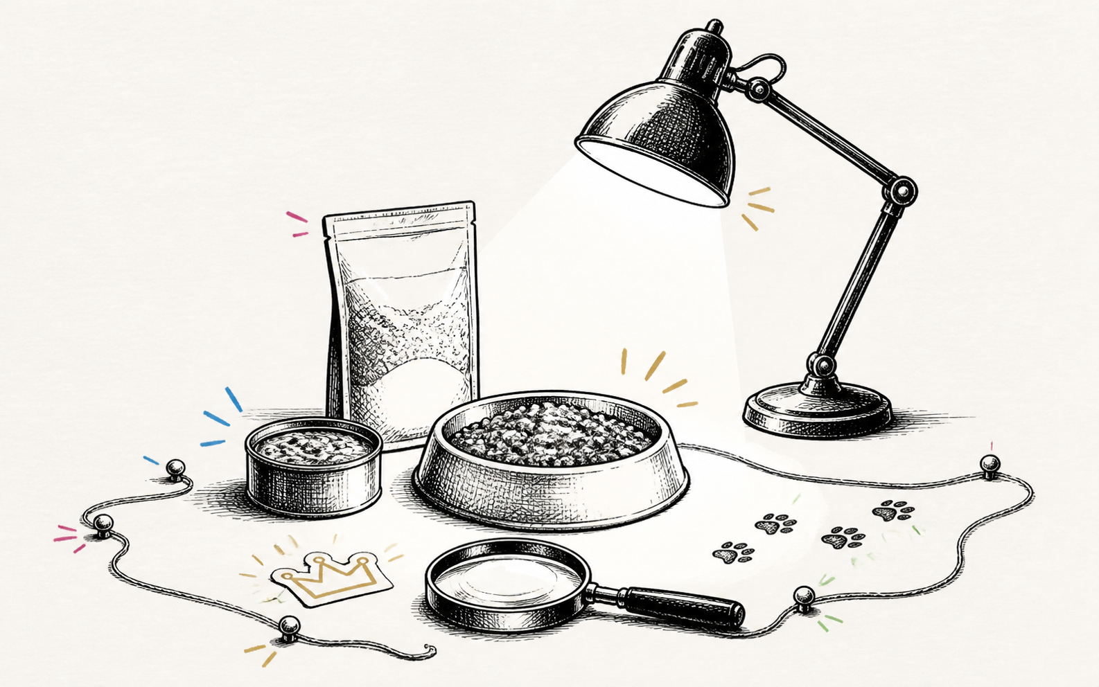 Noir detective doodle of wet cat food under a desk lamp